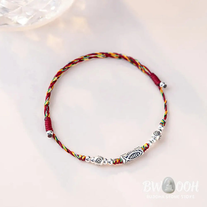 Buddha Stones 925 Sterling Silver Luck Koi Fish Braided Colorful String Bracelet Anklet - BWOOOH - Bracelet