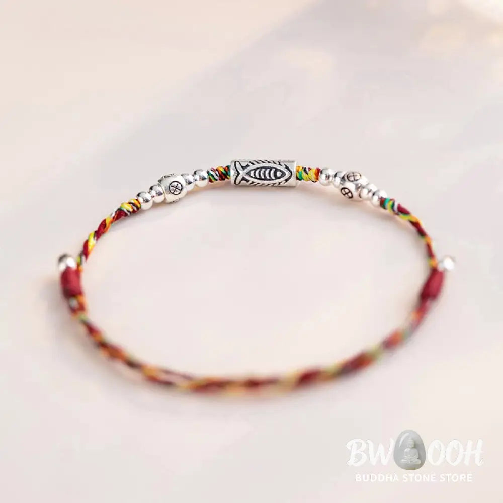 Buddha Stones 925 Sterling Silver Luck Koi Fish Braided Colorful String Bracelet Anklet - BWOOOH - Bracelet