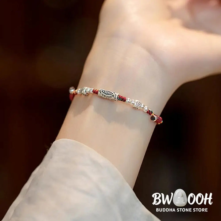 Buddha Stones 925 Sterling Silver Luck Koi Fish Braided Colorful String Bracelet Anklet - BWOOOH - Bracelet
