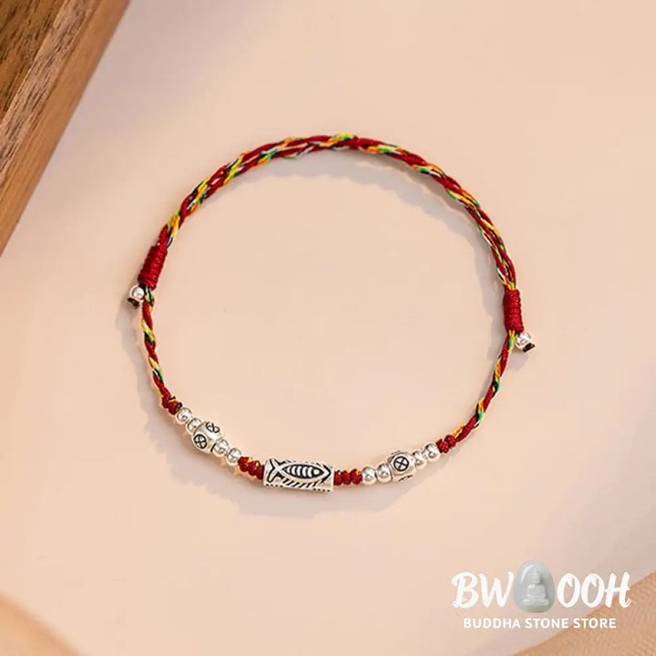 Buddha Stones 925 Sterling Silver Luck Koi Fish Braided Colorful String Bracelet Anklet - BWOOOH - Bracelet