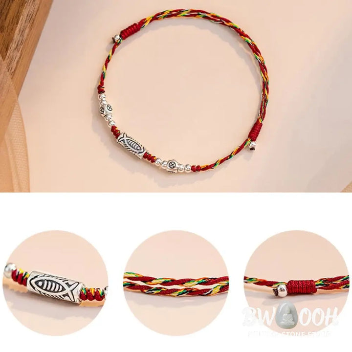 Buddha Stones 925 Sterling Silver Luck Koi Fish Braided Colorful String Bracelet Anklet - BWOOOH - Bracelet