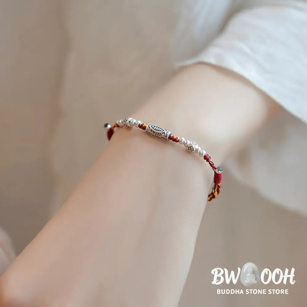 Buddha Stones 925 Sterling Silver Luck Koi Fish Braided Colorful String Bracelet Anklet - BWOOOH - Bracelet