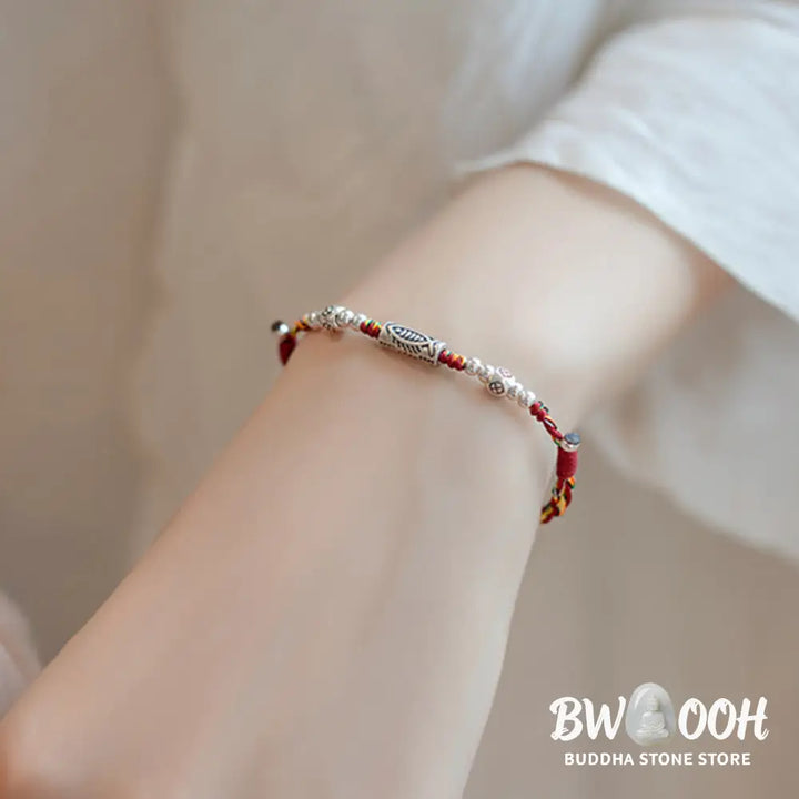 Buddha Stones 925 Sterling Silver Luck Koi Fish Braided Colorful String Bracelet Anklet - BWOOOH - Bracelet
