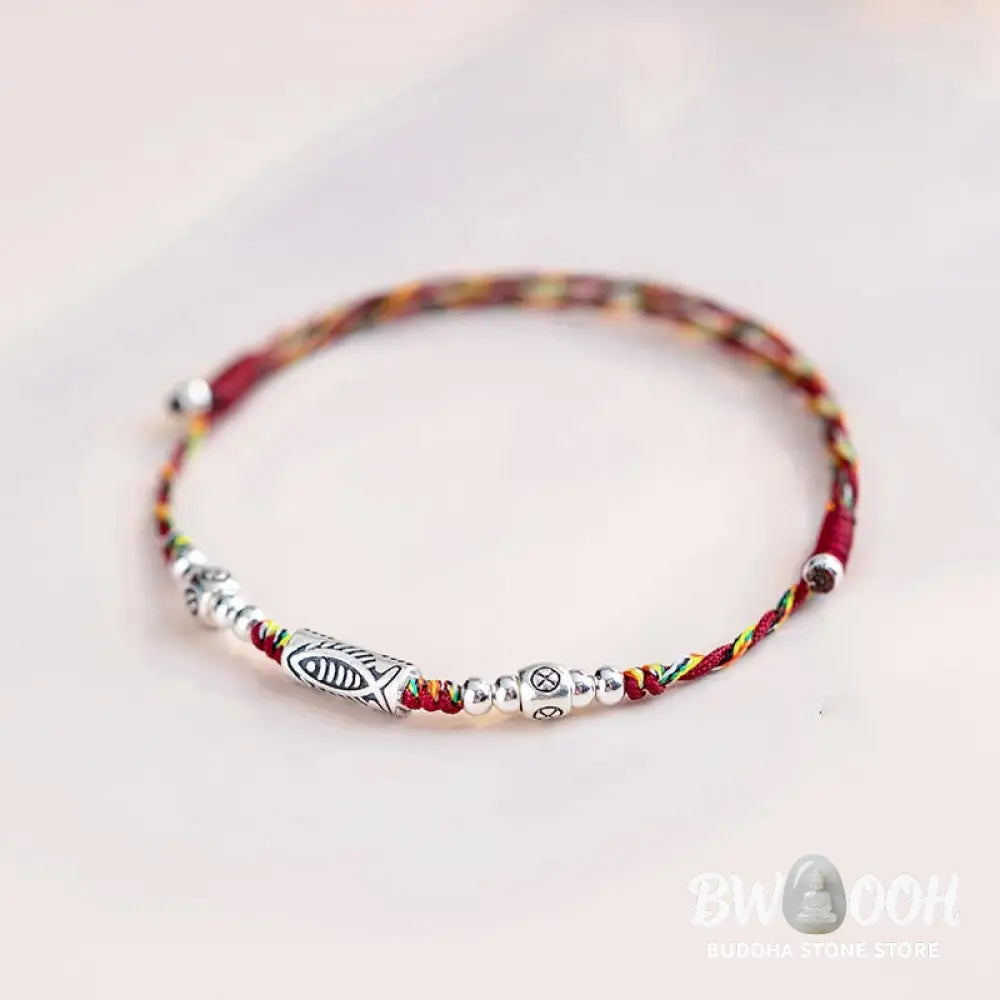 Buddha Stones 925 Sterling Silver Luck Koi Fish Braided Colorful String Bracelet Anklet - BWOOOH - Bracelet