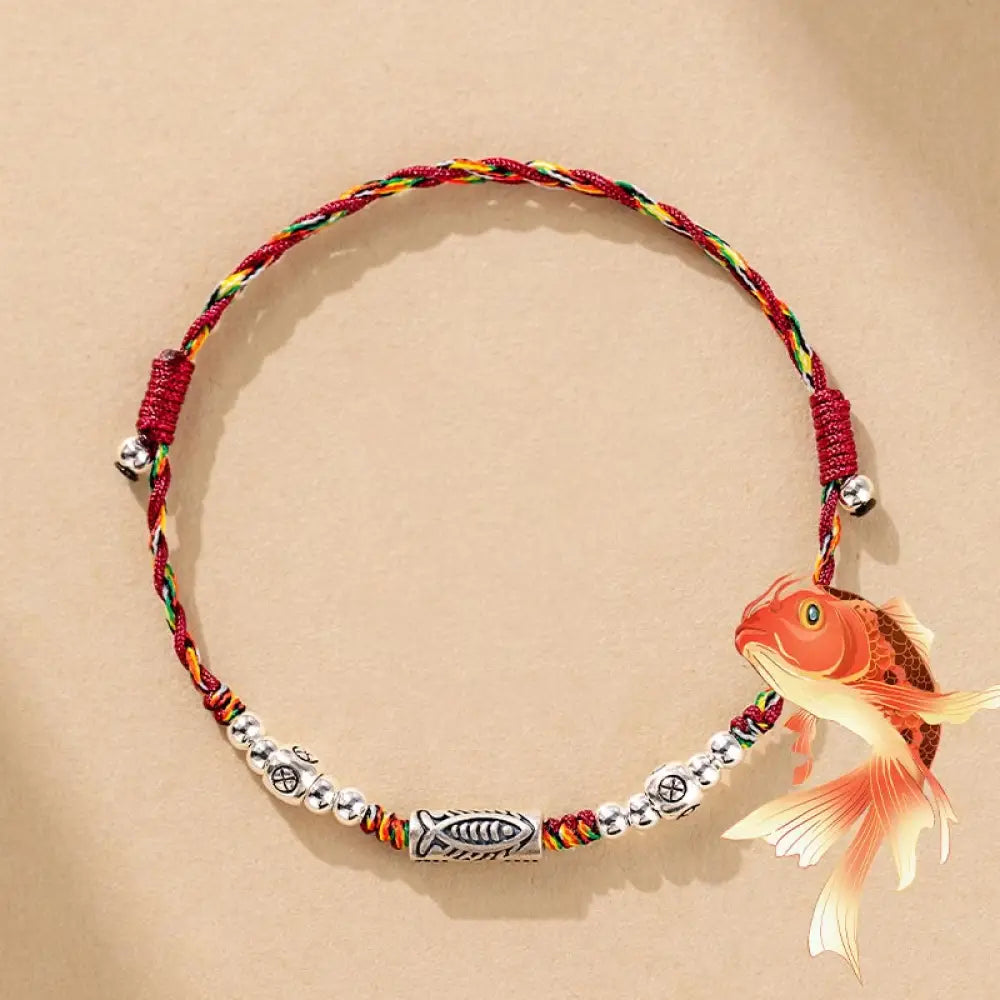 BWOOOH 925 Sterling Silver Luck Koi Fish Braided Colorful String Bracelet Anklet – Silver crystal healing bracelet for healing and spiritual wellness