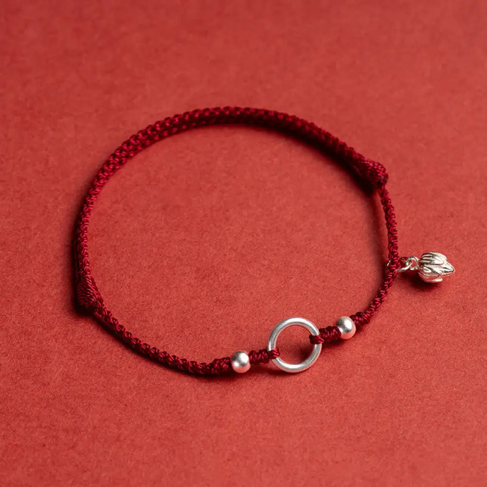 Buddha Stones 925 Sterling Silver Lucky Fortune Peace Joy Lotus Peace Buckle Red String Bracelet - BWOOOH - Dark