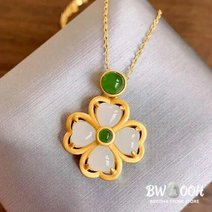 Buddha Stones 925 Sterling Silver Lucky Four Leaf Clover Jade Prosperity Necklace Chain Pendant - BWOOOH - Jade
