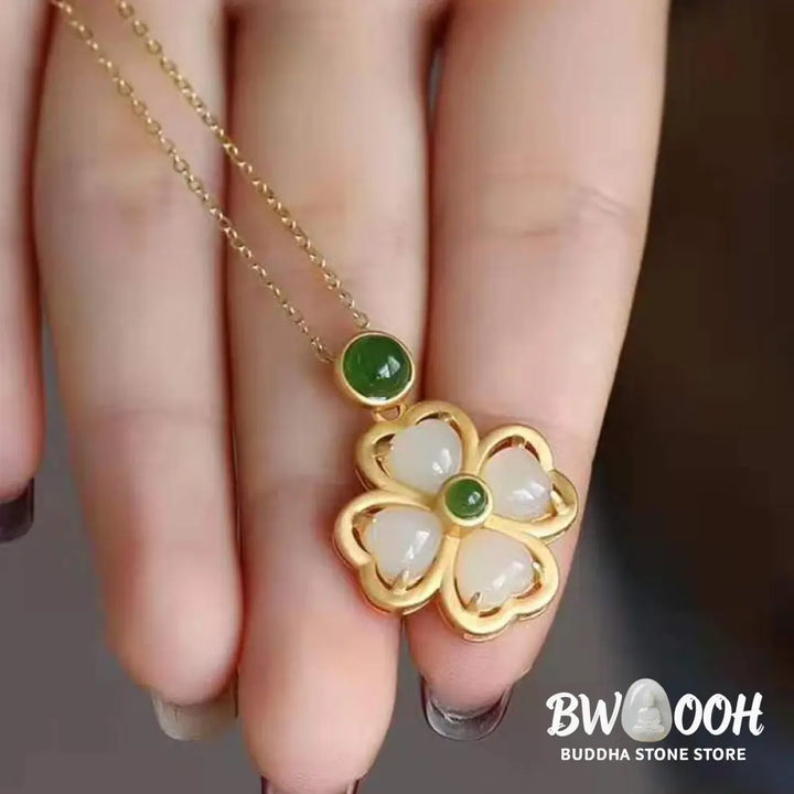 Buddha Stones 925 Sterling Silver Lucky Four Leaf Clover Jade Prosperity Necklace Chain Pendant - BWOOOH - Jade