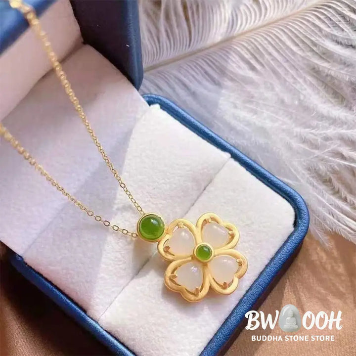 Buddha Stones 925 Sterling Silver Lucky Four Leaf Clover Jade Prosperity Necklace Chain Pendant - BWOOOH - Jade