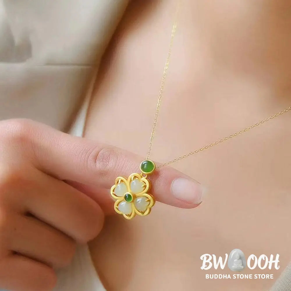Buddha Stones 925 Sterling Silver Lucky Four Leaf Clover Jade Prosperity Necklace Chain Pendant - BWOOOH - Jade