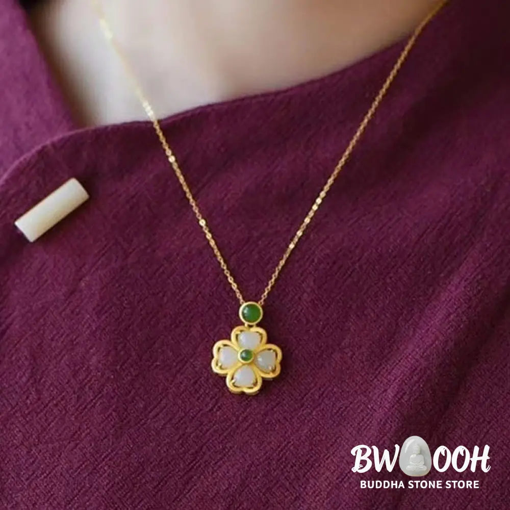 Buddha Stones 925 Sterling Silver Lucky Four Leaf Clover Jade Prosperity Necklace Chain Pendant - BWOOOH - Jade