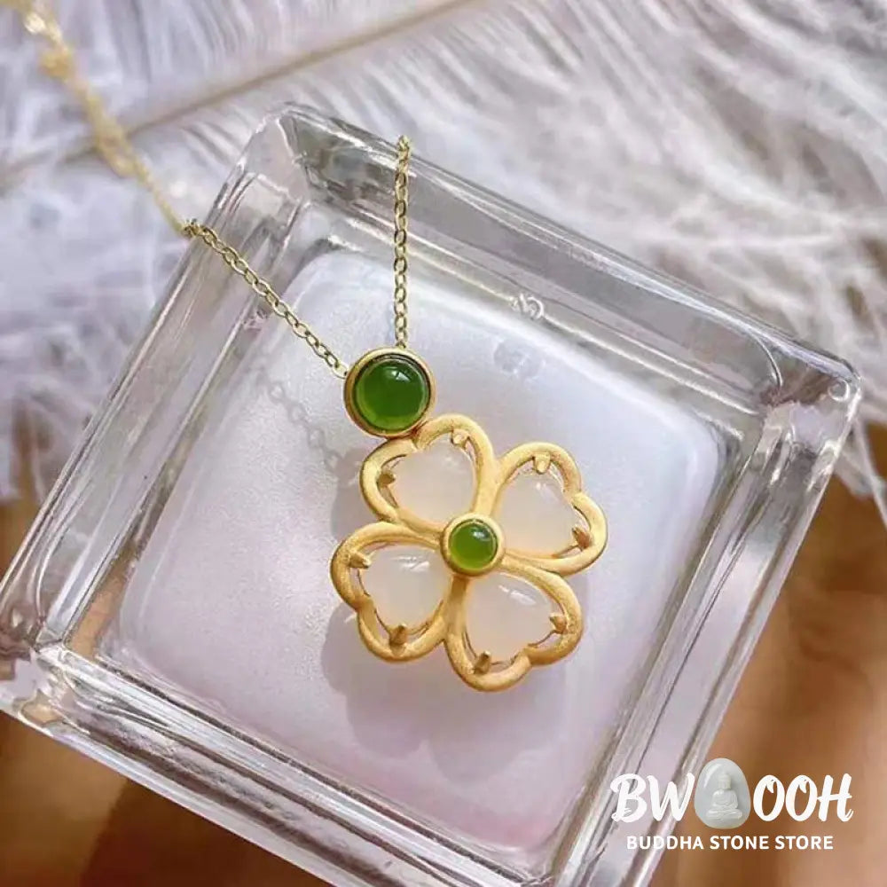 Buddha Stones 925 Sterling Silver Lucky Four Leaf Clover Jade Prosperity Necklace Chain Pendant - BWOOOH - Jade