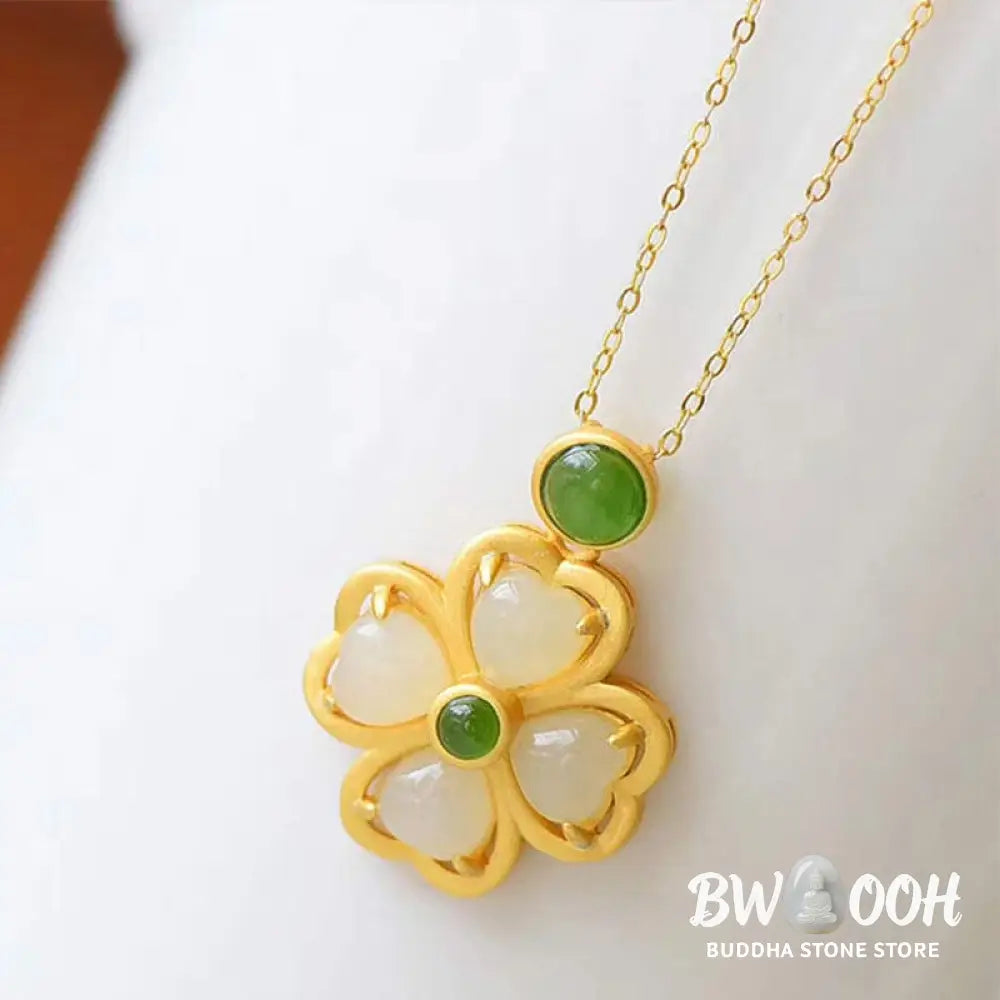 Buddha Stones 925 Sterling Silver Lucky Four Leaf Clover Jade Prosperity Necklace Chain Pendant - BWOOOH - Jade