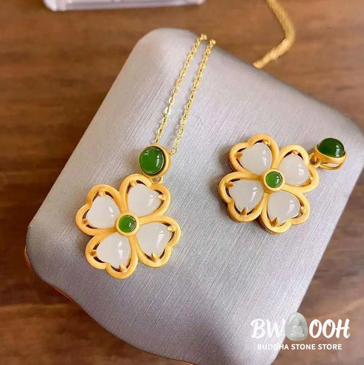 Buddha Stones 925 Sterling Silver Lucky Four Leaf Clover Jade Prosperity Necklace Chain Pendant - BWOOOH - Jade