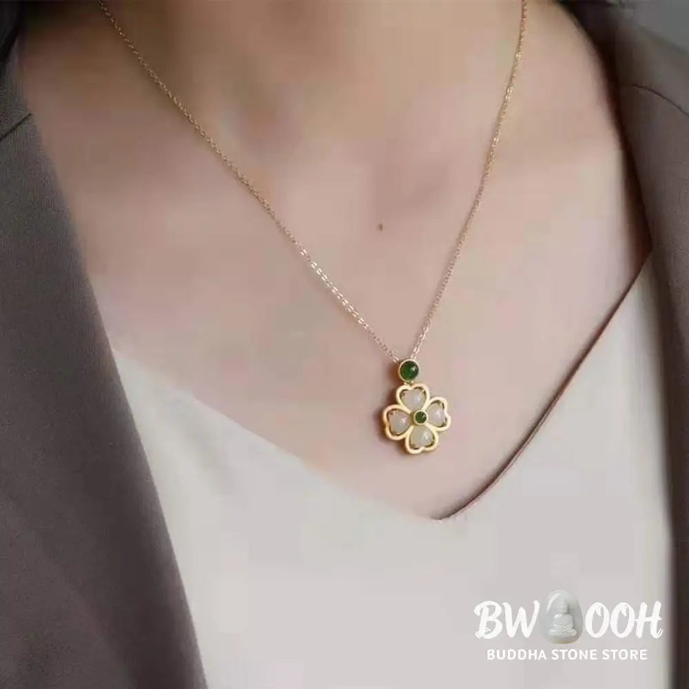 Buddha Stones 925 Sterling Silver Lucky Four Leaf Clover Jade Prosperity Necklace Chain Pendant - BWOOOH - Jade