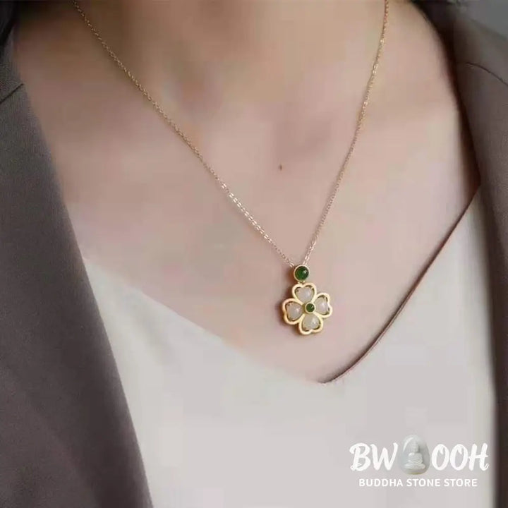 Buddha Stones 925 Sterling Silver Lucky Four Leaf Clover Jade Prosperity Necklace Chain Pendant - BWOOOH - Jade