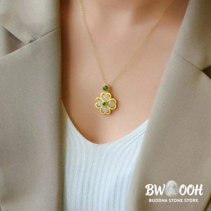 Buddha Stones 925 Sterling Silver Lucky Four Leaf Clover Jade Prosperity Necklace Chain Pendant - BWOOOH - Jade