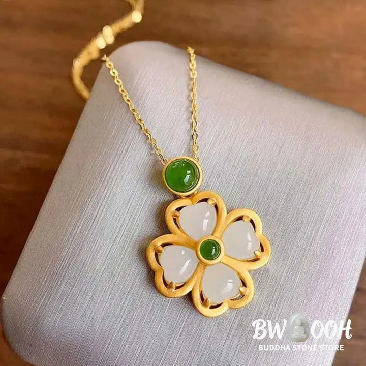 Buddha Stones 925 Sterling Silver Lucky Four Leaf Clover Jade Prosperity Necklace Chain Pendant - BWOOOH - Jade