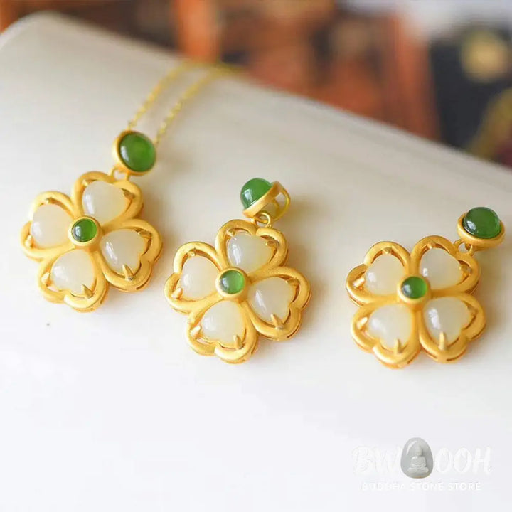 Buddha Stones 925 Sterling Silver Lucky Four Leaf Clover Jade Prosperity Necklace Chain Pendant - BWOOOH - Jade