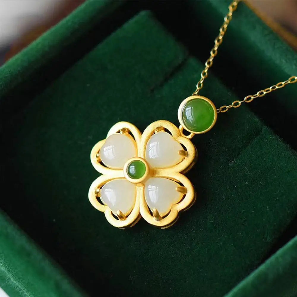 BWOOOH 925 sterling silver natural jade four leaf clover lucky necklace feng shui jewelry pendant