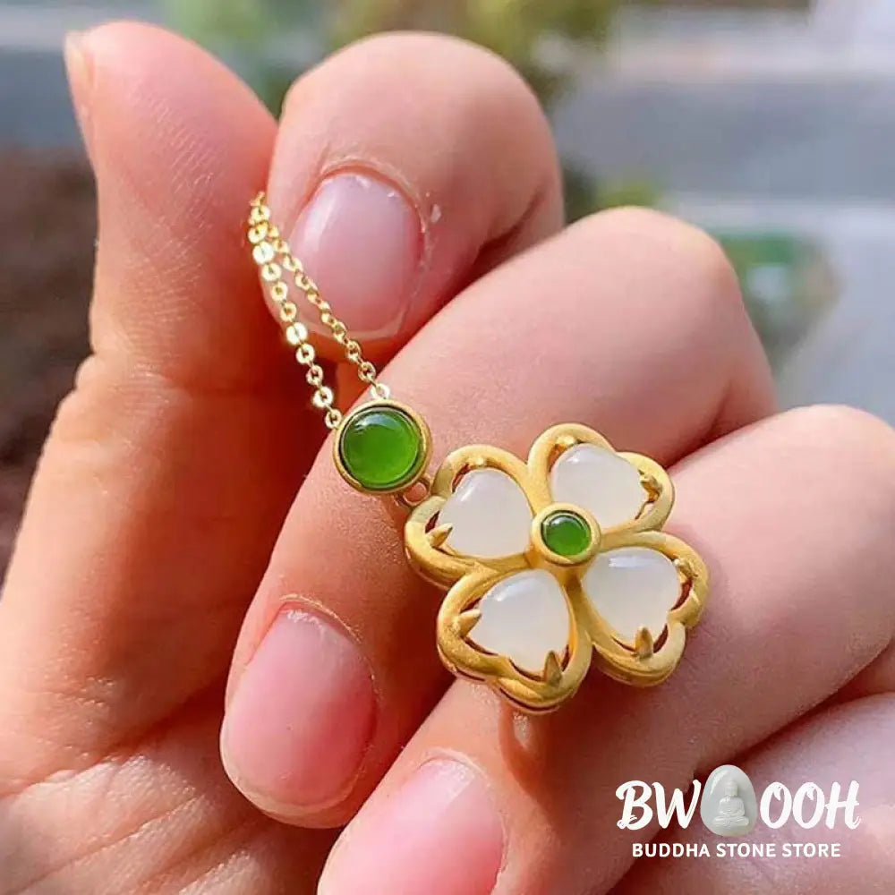 Buddha Stones 925 Sterling Silver Lucky Four Leaf Clover Jade Prosperity Necklace Chain Pendant - BWOOOH - Jade
