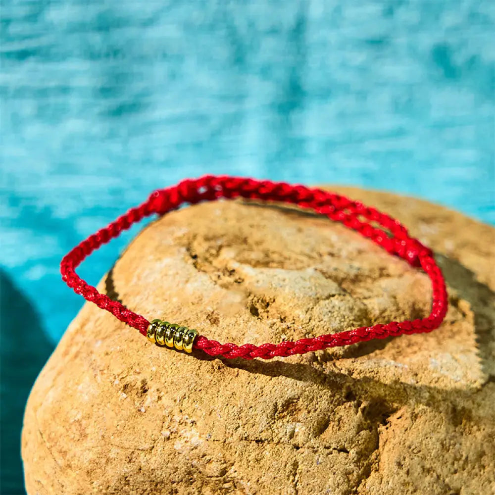 Buddha Stones 925 Sterling Silver Lucky Golden Bead Braided String Bracelet Anklet - BWOOOH - Red / Bracelet(Wrist