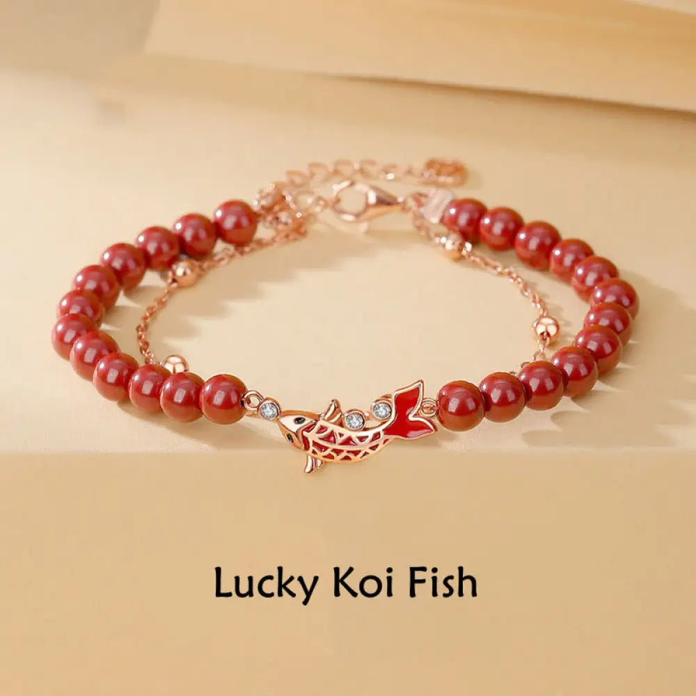 BWOOOH 925 Sterling Silver Lucky Koi Fish Cinnabar Zircon Prosperity Double Layer Chain Bracelet - BWOOOH spiritual jewelry piece