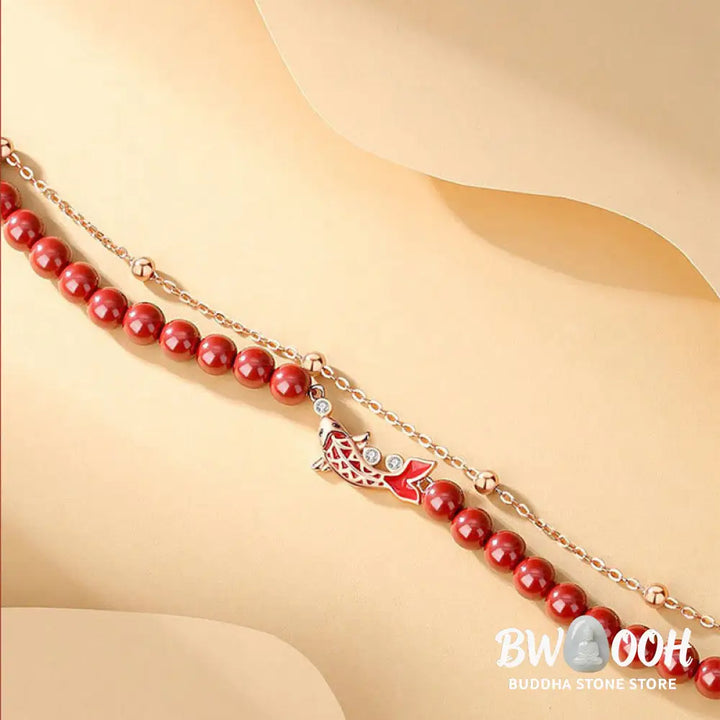 Buddha Stones 925 Sterling Silver Lucky Koi Fish Cinnabar Zircon Prosperity Double Layer Chain Bracelet - BWOOOH - Koi