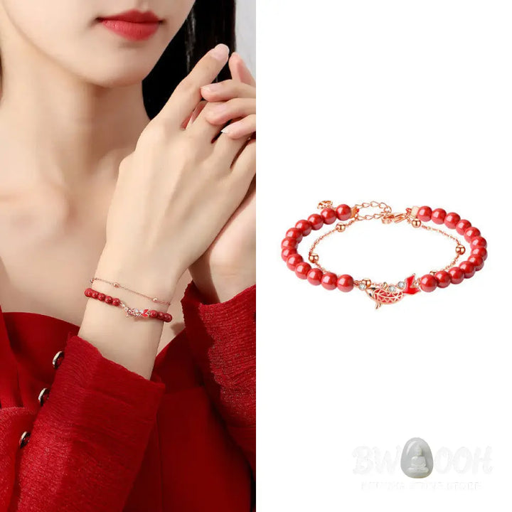 Buddha Stones 925 Sterling Silver Lucky Koi Fish Cinnabar Zircon Prosperity Double Layer Chain Bracelet - BWOOOH - Koi
