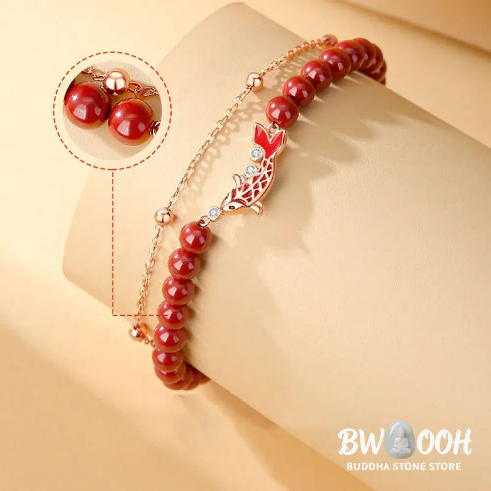 Buddha Stones 925 Sterling Silver Lucky Koi Fish Cinnabar Zircon Prosperity Double Layer Chain Bracelet - BWOOOH - Koi