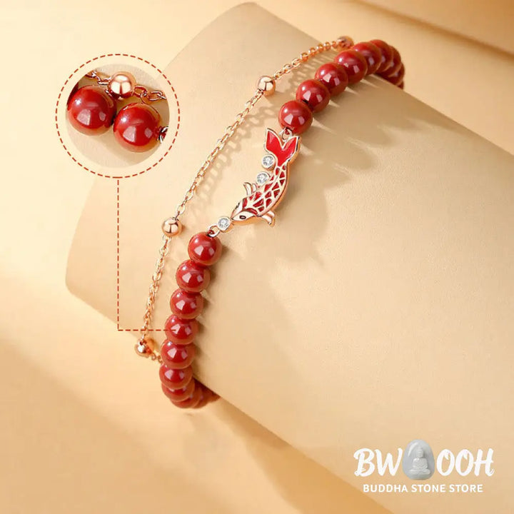 Buddha Stones 925 Sterling Silver Lucky Koi Fish Cinnabar Zircon Prosperity Double Layer Chain Bracelet - BWOOOH - Koi