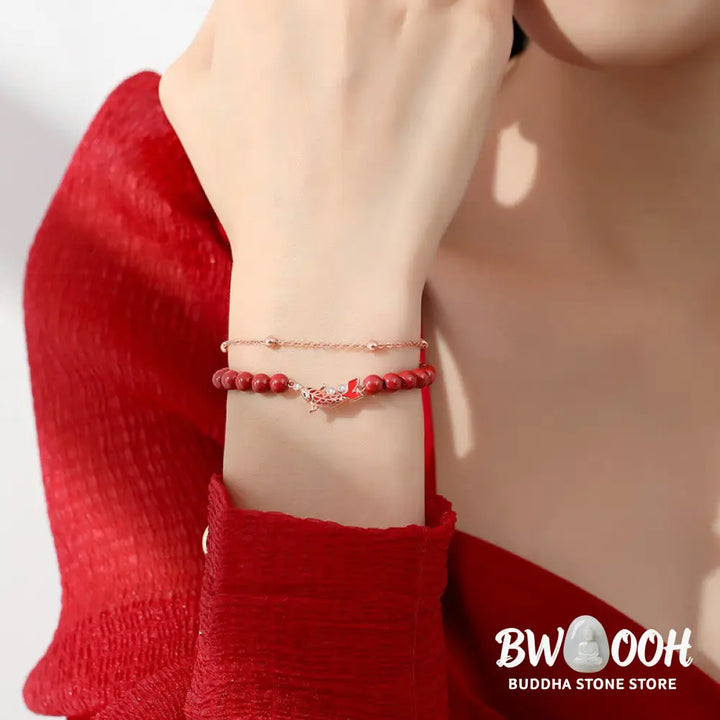 Buddha Stones 925 Sterling Silver Lucky Koi Fish Cinnabar Zircon Prosperity Double Layer Chain Bracelet - BWOOOH - Koi
