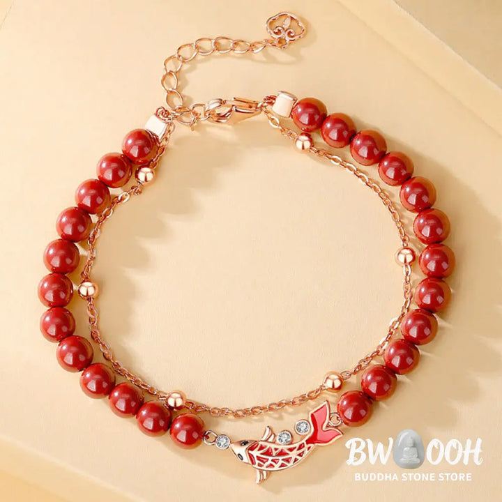 Buddha Stones 925 Sterling Silver Lucky Koi Fish Cinnabar Zircon Prosperity Double Layer Chain Bracelet - BWOOOH - Koi