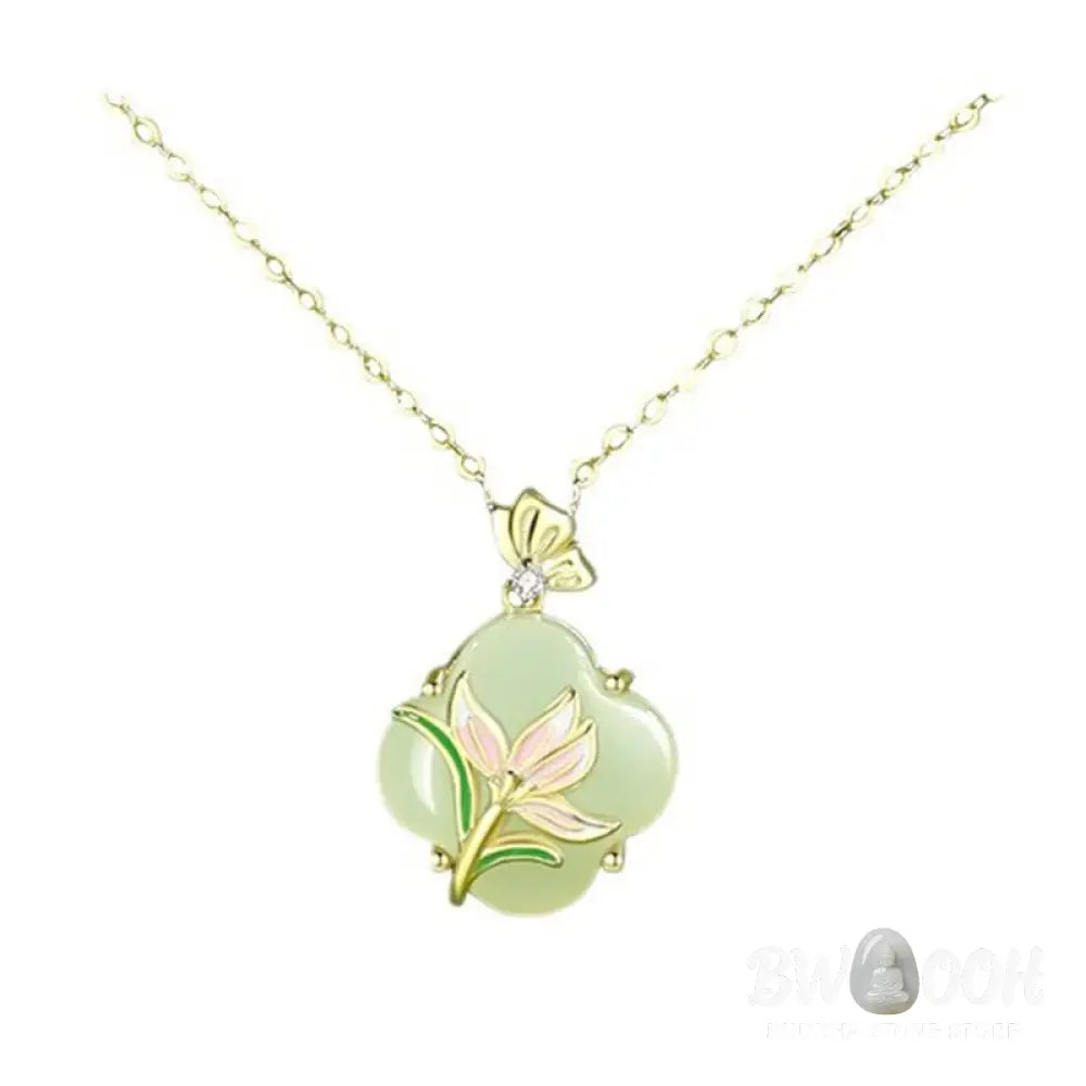 Buddha Stones 925 Sterling Silver Magnolia Butterfly Hetian Jade Four Leaf Clover Blessing Earrings Necklace Pendant