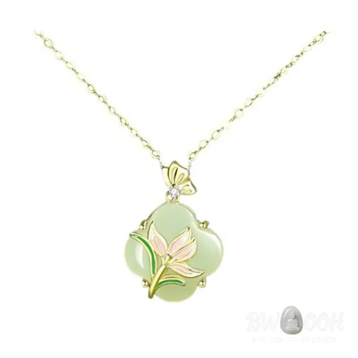 Buddha Stones 925 Sterling Silver Magnolia Butterfly Hetian Jade Four Leaf Clover Blessing Earrings Necklace Pendant