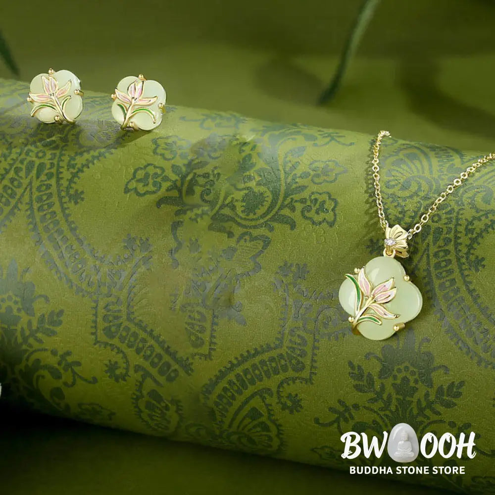 Buddha Stones 925 Sterling Silver Magnolia Butterfly Hetian Jade Four Leaf Clover Blessing Earrings Necklace Pendant
