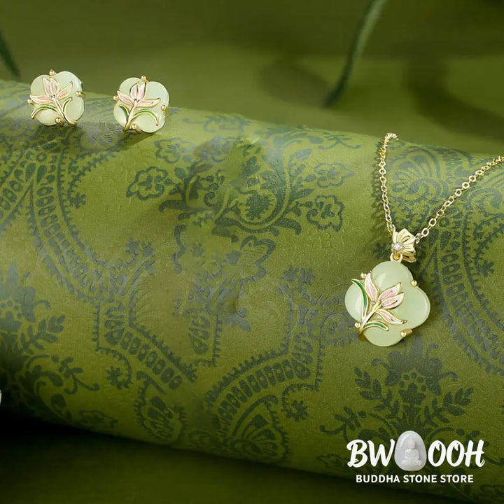 Buddha Stones 925 Sterling Silver Magnolia Butterfly Hetian Jade Four Leaf Clover Blessing Earrings Necklace Pendant