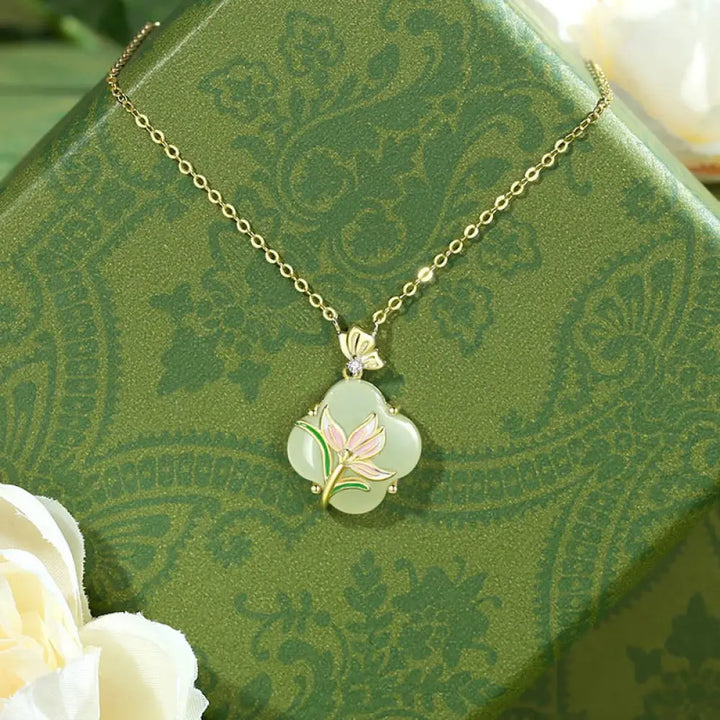 BWOOOH 925 Sterling Silver Magnolia Butterfly Hetian Jade Four Leaf Clover Blessing Earrings Necklace Pendant - BWOOOH spiritual jewelry piece