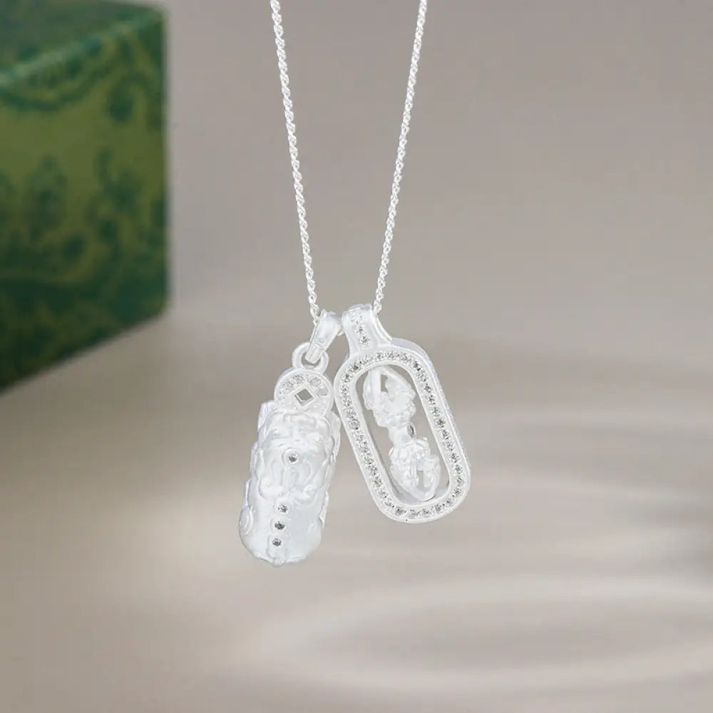 Buddha Stones 925 Sterling Silver Mini PiXiu Dorje Vajra Wealth Necklace Pendant - BWOOOH - Silver / Pixiu Dorje Vajra