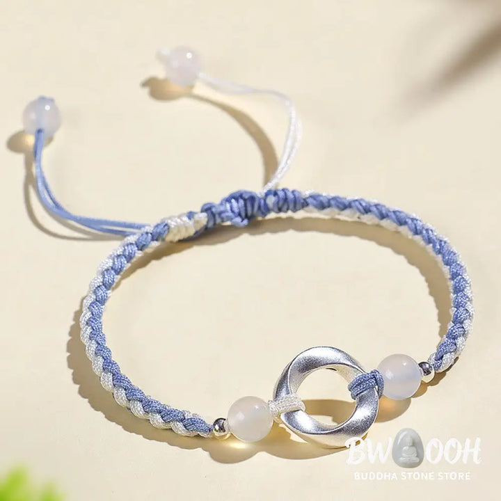 Buddha Stones 925 Sterling Silver Mobius White Agate Bead Braided String Protection Bracelet - Bracelet