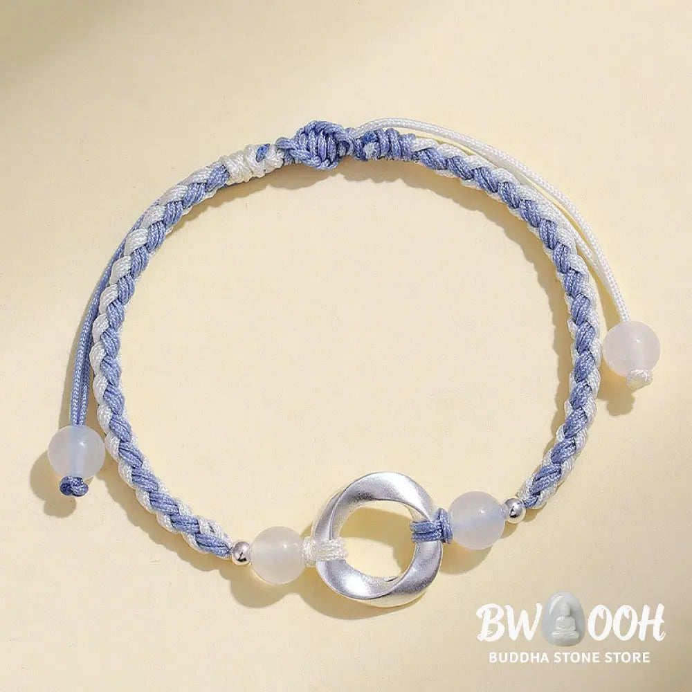 Buddha Stones 925 Sterling Silver Mobius White Agate Bead Braided String Protection Bracelet - Bracelet