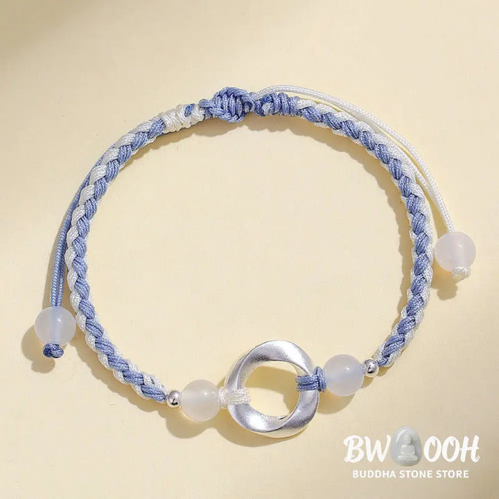 Buddha Stones 925 Sterling Silver Mobius White Agate Bead Braided String Protection Bracelet - Bracelet