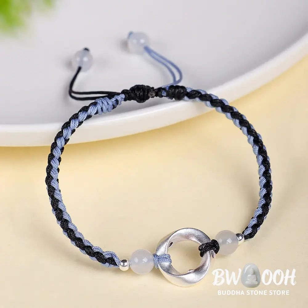 Buddha Stones 925 Sterling Silver Mobius White Agate Bead Braided String Protection Bracelet - Bracelet