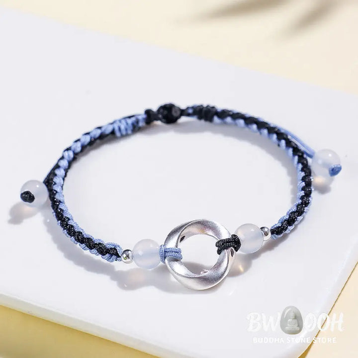 Buddha Stones 925 Sterling Silver Mobius White Agate Bead Braided String Protection Bracelet - Bracelet