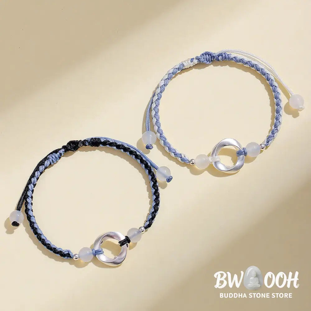 Buddha Stones 925 Sterling Silver Mobius White Agate Bead Braided String Protection Bracelet - Bracelet