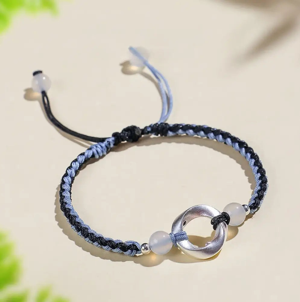 Buddha Stones 925 Sterling Silver Mobius White Agate Bead Braided String Protection Bracelet - 925 Sterling Silver
