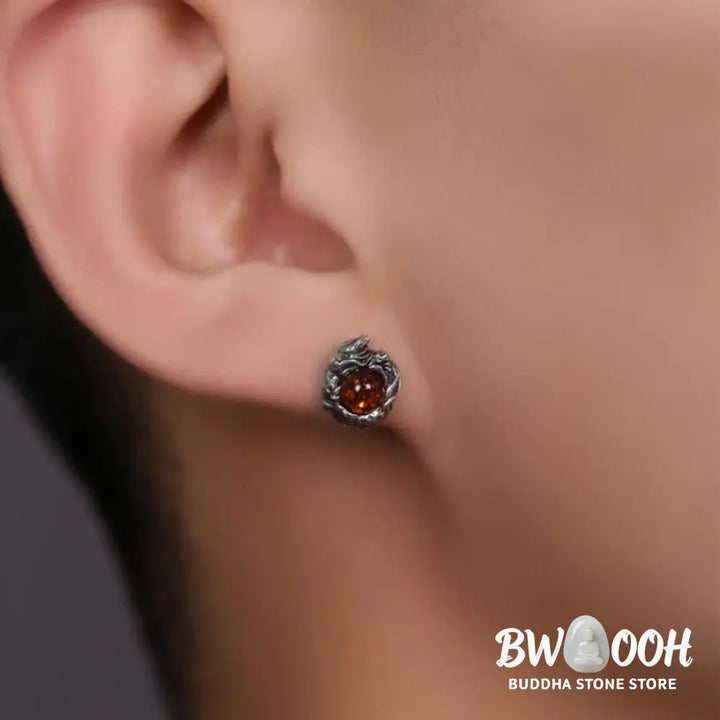 Buddha Stones 925 Sterling Silver Natural Amber Dragon Success Protection Stud Earring - Dragon(One Earring) - Earrings