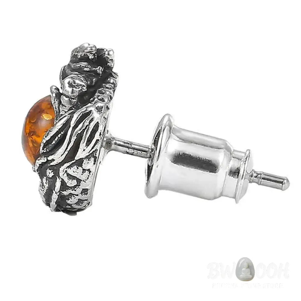 Buddha Stones 925 Sterling Silver Natural Amber Dragon Success Protection Stud Earring - Dragon(One Earring) - Earrings