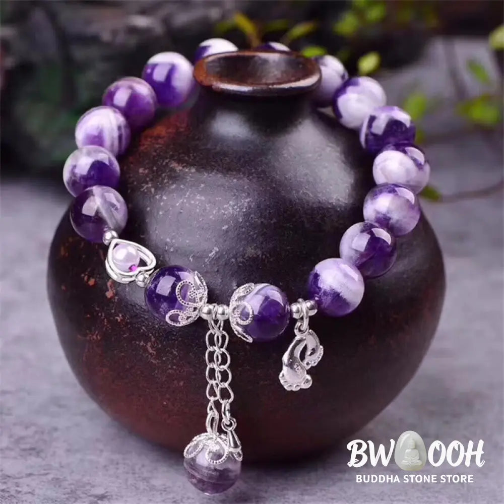 Buddha Stones 925 Sterling Silver Natural Amethyst Healing Feet Love Heart Charm Bracelet - BWOOOH - Amethyst(Spiritual