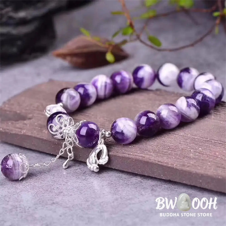 Buddha Stones 925 Sterling Silver Natural Amethyst Healing Feet Love Heart Charm Bracelet - BWOOOH - Amethyst(Spiritual